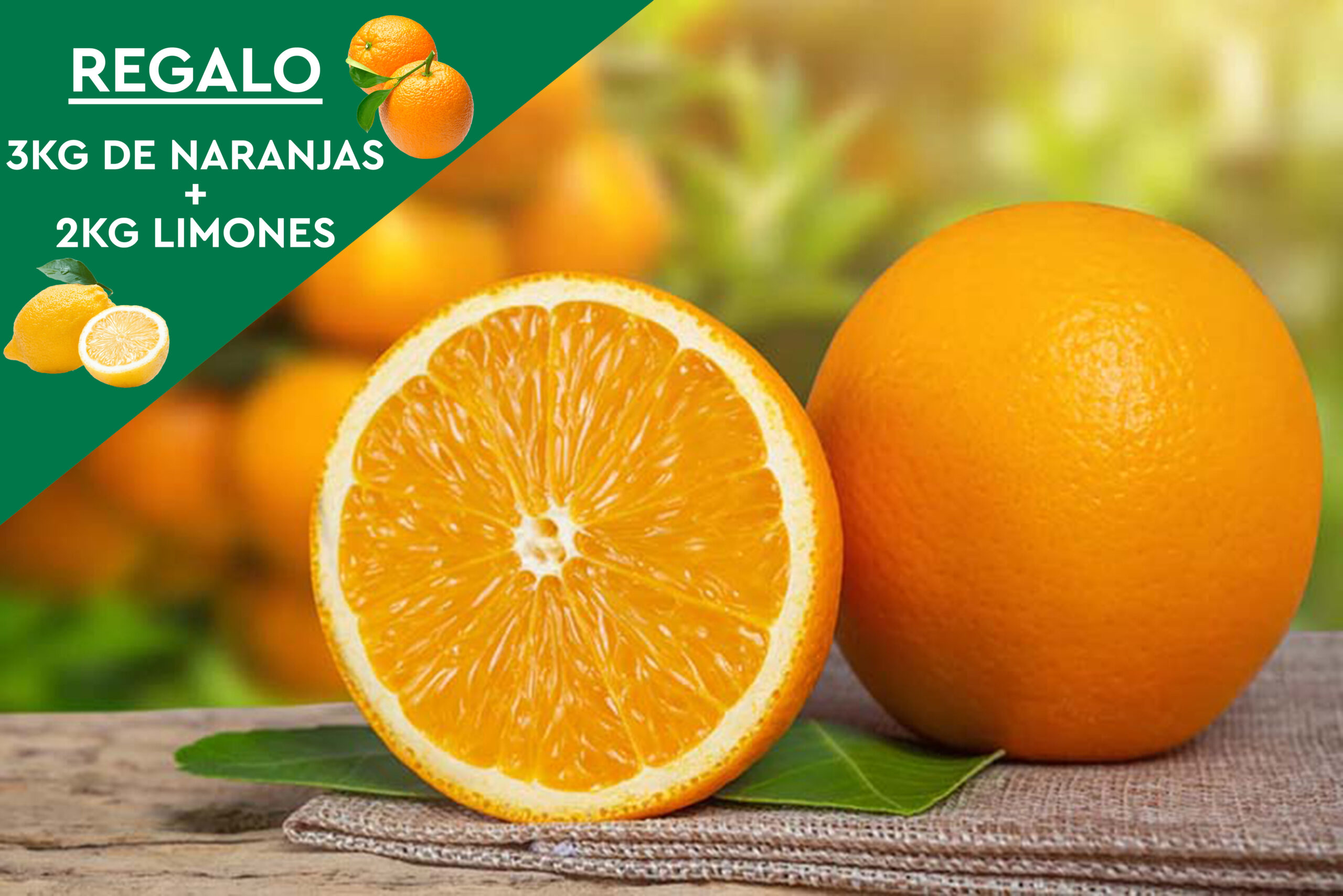 10Kg. Naranjas de Mesa + 5kg de REGALO (3Kg. de Naranjas + 2Kg. de Limones)